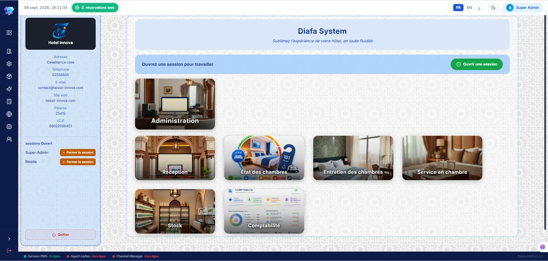 Le tableau de bord de gestion hôtelière Taissir Innova